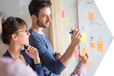 Man and woman mapping out change activities on whiteboard