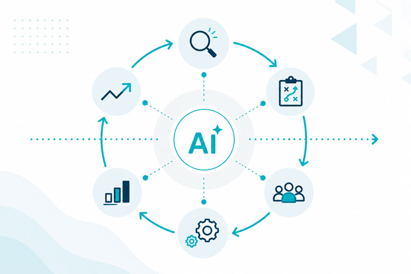A clean, minimalist circular diagram showing AI at the centre as a continuous support system, with six surrounding stages connected in a loop using teal lines and simple icons. Each stage represents a part of the change lifecycle, such as analysis, planning, engagement, implementation, monitoring, and optimisation, visually reinforcing the idea that AI supports every phase rather than a single task.