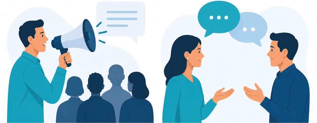Clean concept illustration showing broadcasting verses having nice conversation