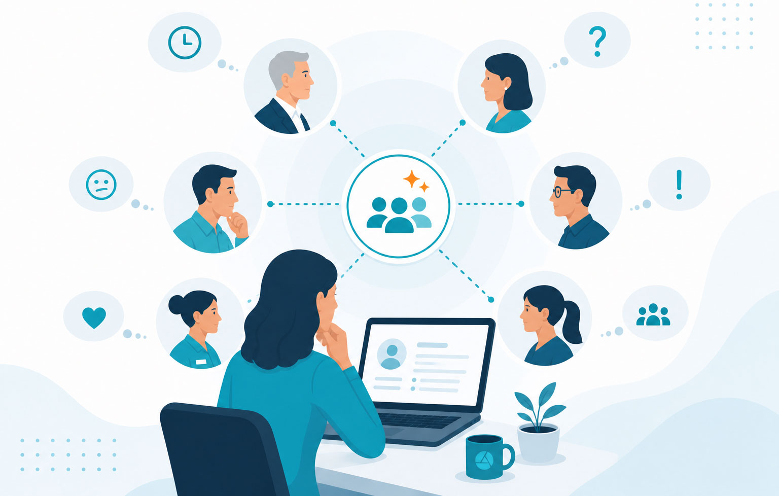 Diagram representing using AI to simulate stakeholder viewpoints, helping explore attitudes, test responses, and gain deeper human insight before engaging in real-world change conversations.