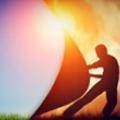Concept image man pulling back sheet to reveal blue skies