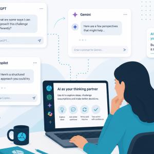 Illustrated concept of lady at desk with AI chats popping up