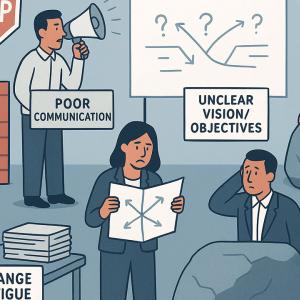 Cartoon of office people facing change challenges like poor communication, fatigue and resistance