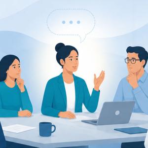 Illustration of board meeting with people talking and one person has a speech bubble above their head