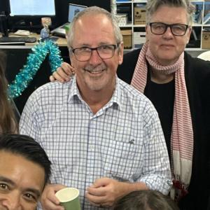 Tim Robinson with Sarah with jen, Jeff, Sharon, Sarah and ros 2024 christmas party.