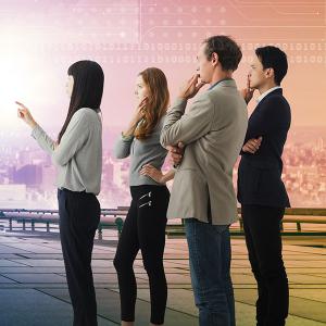 Group of stakeholders standing in front of futuristic concept background