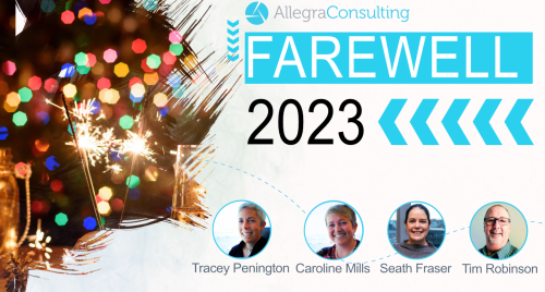 Farewell 2023 with Christmas decorations and faces of Tracey, Caroline, Seath and Tim