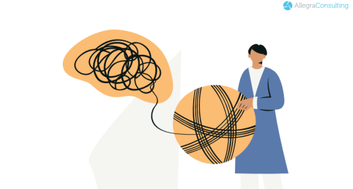 Tangled ball of string inside a person's head, representing confusion, with another person holding a neatly coiled ball, helping to untangle the confusion. 