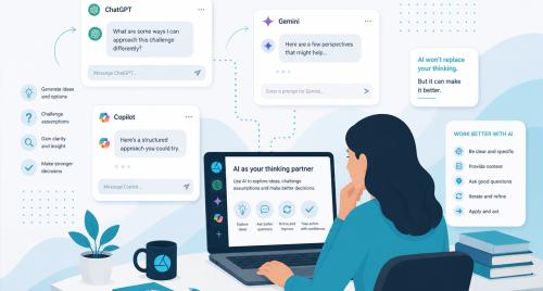 Illustrated concept of lady at desk with AI chats popping up