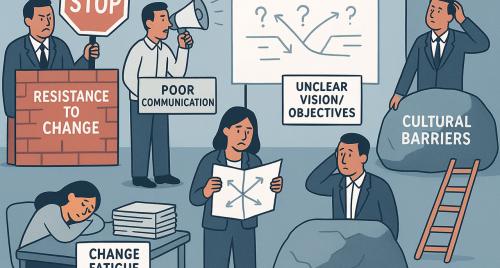 Cartoon of office people facing change challenges like poor communication, fatigue and resistance