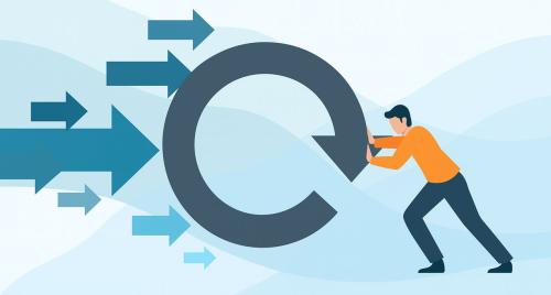 Abstract concept of man pushing against change with 360 degree arrow