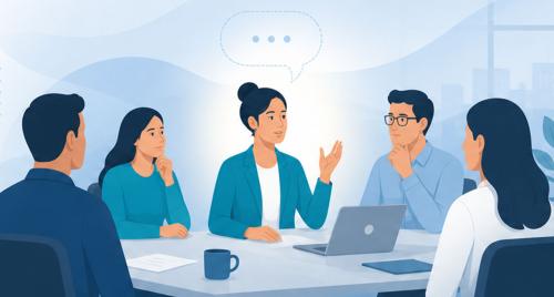 Illustration of board meeting with people talking and one person has a speech bubble above their head