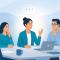 Illustration of board meeting with people talking and one person has a speech bubble above their head