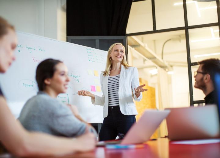 Woman presenting to small workshop