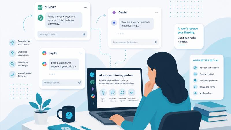 Illustrated concept of lady at desk with AI chats popping up