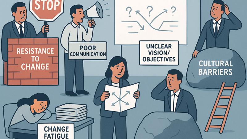 Cartoon of office people facing change challenges like poor communication, fatigue and resistance