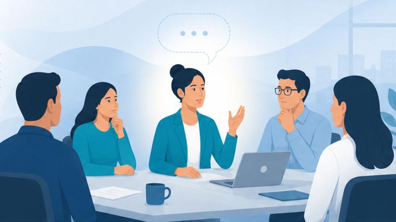 Illustration of board meeting with people talking and one person has a speech bubble above their head
