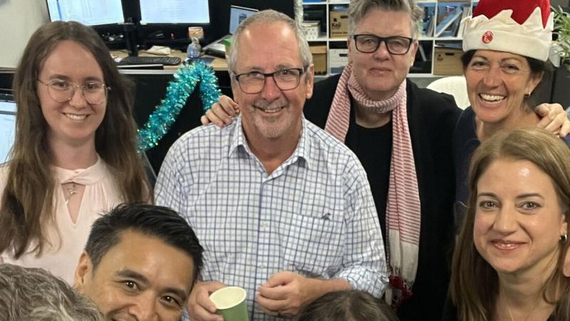 Tim Robinson with Sarah with jen, Jeff, Sharon, Sarah and ros 2024 christmas party.